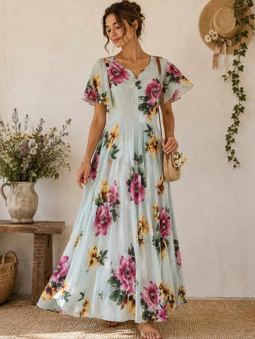 Her Style Boutique Gauzy Floral Maxi Dress Cottagecore Prairie Boho Rayon Size S